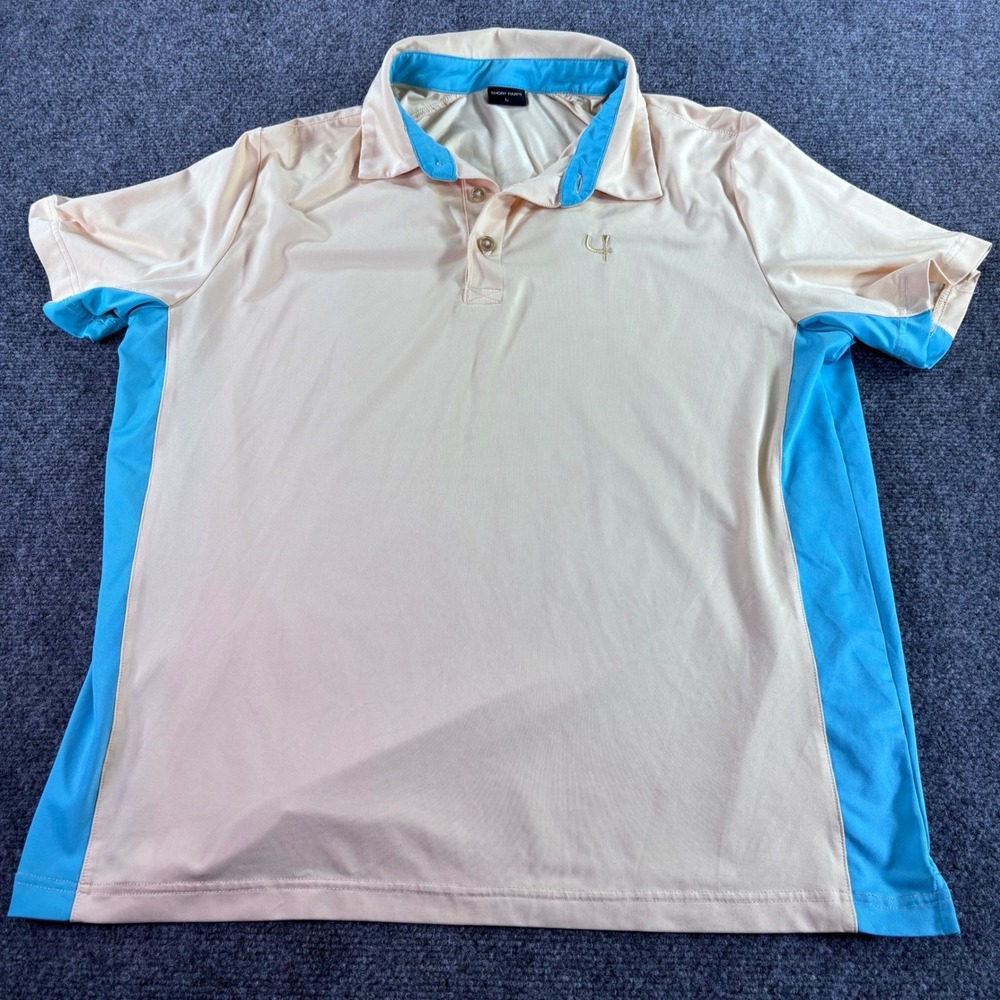 Short‎ Par 4 Polo Shirt Mens Large Peach Blue Colorblock Performance Golf Top